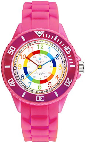 Alienwork Kids Reloj de Aprendizaje Infantil Niña Rosa Pulsera de Silicona Abigarrado niños Impermeable 5 ATM Tiempo de Aprender