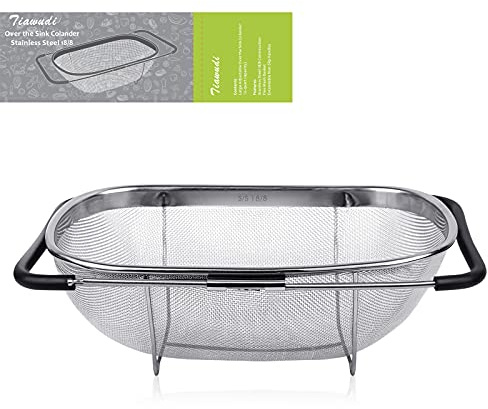 18/8 Stainless Steel Over The Sink Colander with Fine Mesh Strainer Basket & Expandable Rubber Grip Handles - Strain, Drain, Rinse Fruits, Vegetables