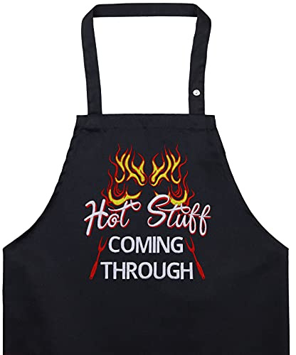 EXPRESS-STICKEREI Delantal cocina hombres con frase divertida: Hot stuff coming through Ajustable, con bolsillo, regalo de cumpleaños para el maestro parrillero