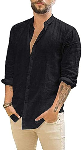 JEKAOYI Mens Casual Long Sleeve Cotton Linen Shirts Buttons Down Solid Plain Roll-Up Sleeve Summer Beach Shirts Black
