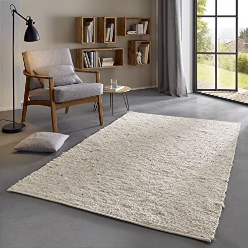 Taracarpet Skandi Landhaus Teppich Hand-Web-Teppich aus hochwertiger Schurwolle 2700 Gramm/qm beidseitig legbar echte Handarbeit Natur weiß Meliert 090x180 cm