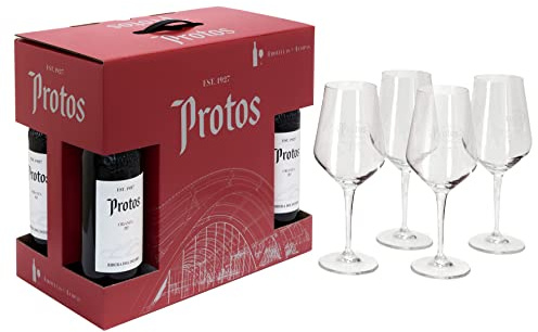 Protos 3er Año Crianza - Vino Tinto Ribera del Duero 4 botellas x 75cl, Tempranillo 100%, Estuche regalo con 4 copas