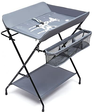 Baby Wickelkombi, Klappbarer Wickeltisch Wickelregal Tragbar Wickelkommode mit Sicherheitsgurt, 3 Fächer und Wickelauflage für Babys unter 12 Monaten (Keine Räder + keine Höhenverstellung)