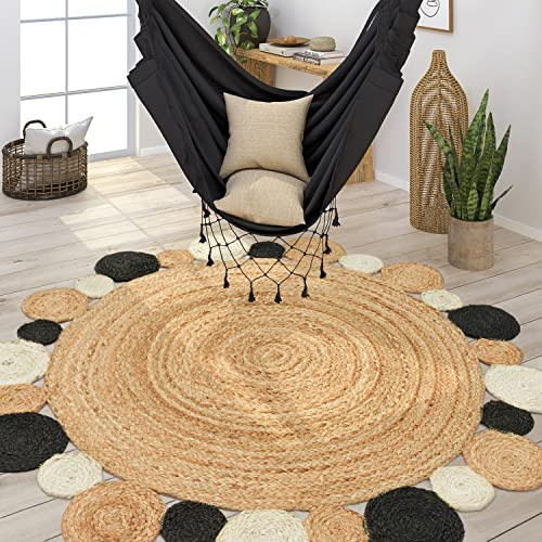 Paco Home Teppich Rund Wohnzimmer Jute Boho Ethno Muster Modern Handgefertigt Naturteppich, Grösse:120 cm Rund, Farbe:Schwarz 2