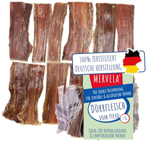 MERVELA® Natürliches Pferde-Dörrfleisch für Hunde | Hypoallergen | 100% Pferd | schonend luftgetrocknet | getreidefrei | Premium-Kausnack aus Deutschland | 2 kg