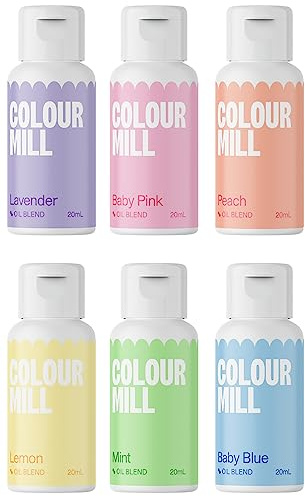 Colour Mill Oil Blend Set Pastel Colorants Alimentaires à Base d'Huile - Nourriture Dye: Lavender, Baby Pink, Peach, Baby Blue, Mint, Lemon - Food Coloring pour Décoration de Gâteaux - Set-6