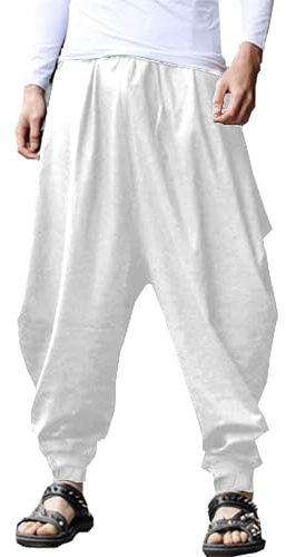 YAOHUOLE Pantaloni Harem Uomo in Cotone Lino Traspiranti Bianco M