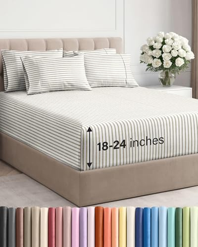 Extra Deep Queen Sheet Set - 6 Piece Breathable and Cooling Sheets - Hotel Luxury Bedding for Women, Men, Kids & Teens - Easy Secure Fit - Soft & Wrinkle Free with Extra Deep Pockets - Beige Stripes