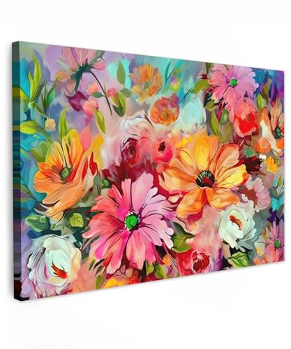 MuchoWow© Leinwand Bilder Groß 120x80 cm XXL Wanddeko Wohnzimmer Aesthetic Room Decor Deko Zimmer Wandbilder Modern Fotogeschenke Kunstdruck - Blumen - Bunt - Kunst - Ölfarbe