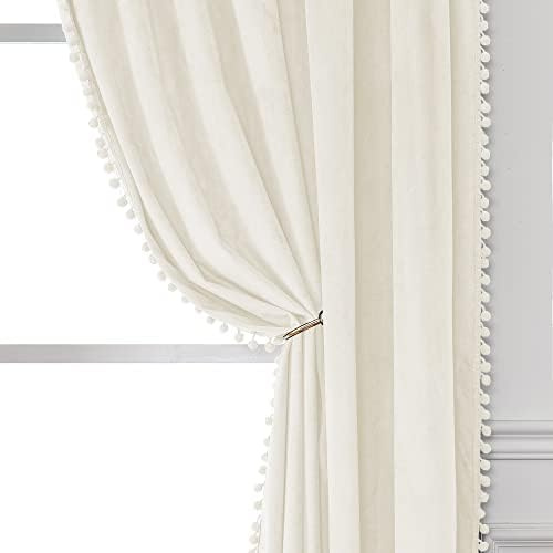 Victree Pom Pom Samtvorhänge für Schlafzimmer, Verdunkelungsvorhänge, 106,7 x 243,8 cm Länge, Raumverdunkelung, Sonnenlicht, blockierend, Stangentasche, Fenstervorhänge für Wohnzimmer, 2 Bahnen, Creme