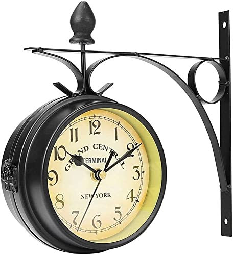 Antik Retro Bahnhofsuhr Vintage Wanduhr mit zwei Gesichtern for den Außenbereich, Retro-Metall, doppelseitige Uhr, leise, leicht lesbar, Retro-Vintage-Stationsuhren for Terrasse, Veranda, Garten, Auße