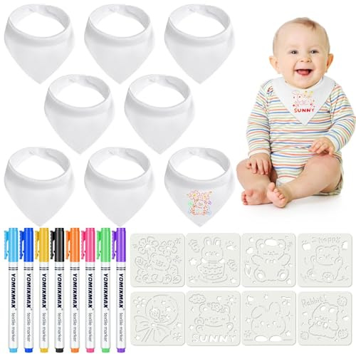 Aolso Bavoirs Bebe triangulaire, 8 Pièces Bavoirs Bebe de Peinture Coton Blanc pour Bébé avec 8 Stylos Textiles de Couleur et 8 Pochoirs de Peinture, Cadeau pour Babyshower Party DIY Idéal