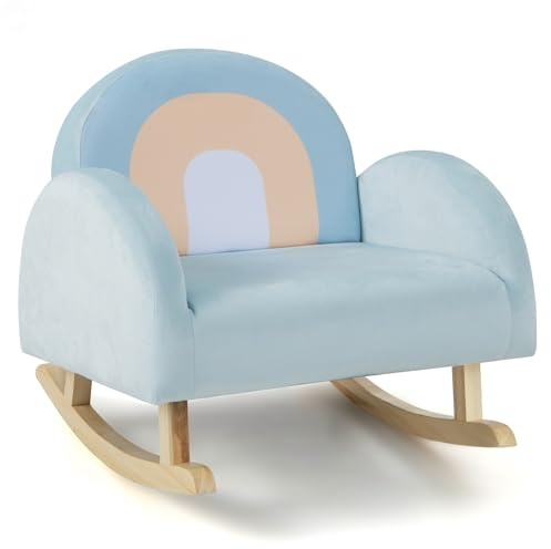 COSTWAY Sedia a Dondolo per Bambini in Legno, Poltrona Imbottita per Bambini con Rivestimento in Velluto Morbido, Design Antiribaltamento, per Camera da Letto, Soggiorno