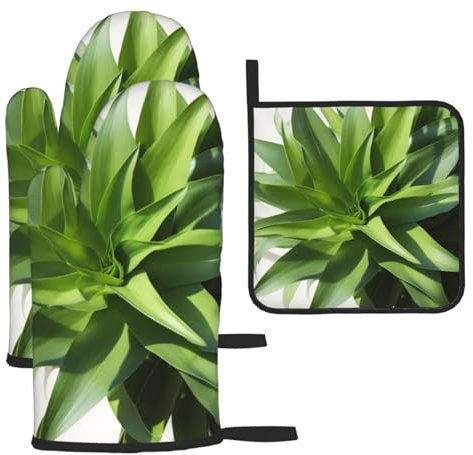 BTCOWZRV Ofenhandschuhe, Topflappen-Set, hitzebeständig, wasserdicht, mit Topflappen, grüne Pflanze mit langen Blättern, rutschfeste Kochhandschuhe zum Backen, Kochen, Grillen, Grillen, 3 Stück