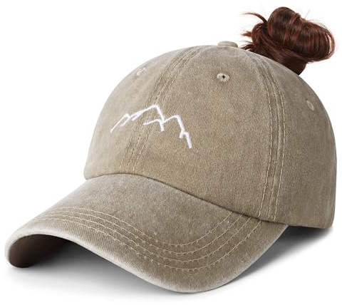HeyCaps hästsvans baseballkeps dam justerbar basebollkeps vintage mössor solskydd basebollkeps med fläta hål för sommar sport, Mountain Khaki, M-L
