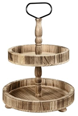 ENUODA Obst Etagere 2 stöckig, Vintage Deko Holztablett Kuchenständer, Couchtisch Tortenständer, rundes Deko-Tablett mit Henkel, Landhausstil Deko tortenplatte, Obstetagere, ideal für Esstisch-Deko