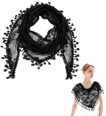 TUKEVA Spitze Mantilla Schleier Stola mit Quaste Schwarz wunderschöner Blumenschleier für Kopfbedeckung Spitzen Schal weich bequem schönes Blumenmuster für Hochzeit Haarschmuck Party (Schwarz)