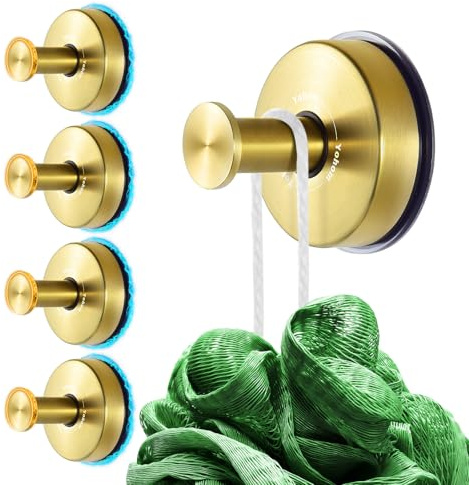 YOHOM Gancho Ventosa para Toallas Colgador Ventosa de Baño Toallero ventosa Fuerte de Acero Inóxidable Toallero con ventosa de Ducha Cocina de Pared Sin Taladro Oro, 4 Piezas