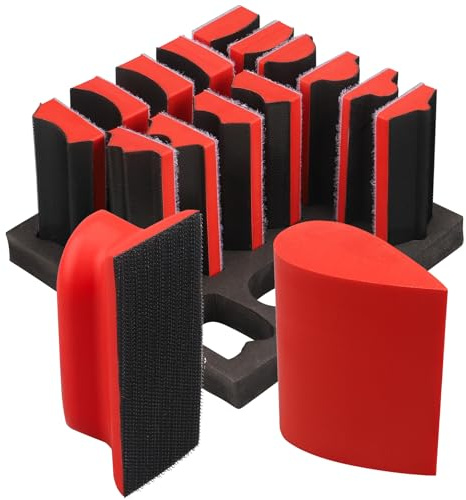 STEBRUAM Handschleifblock -Set mit konturiertem Profil, mit Klettverschluss, 100mm Schleifklotz Klett austauschbare verschiedene Formen, Formen für Holzbearbeitung, Möbel (16-teiliges-red)