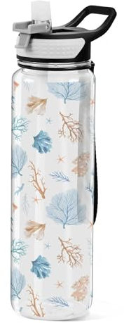 Sevdomey Sea Life Corals Water Bottle with Straw Lid Clear Leakproof Gym Water Bottles for Outdoor Sport Drinking Fitness Workout Travel, 32 oz