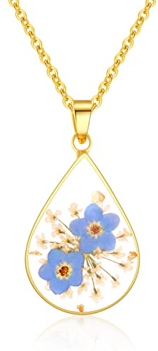 Collier de fleurs sauvages pressées Forget-Me-Not et Queen Anne's Lace | Collier pendentif en forme de larme | Collier de fleurs pressées en or | Colliers faits à la main, cadeau pour femme | 45 cm