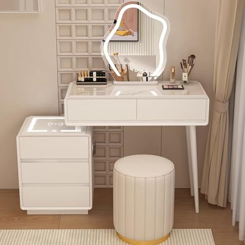 Weißer Schminktisch-Set mit abnehmbarem Spiegel, gepolstertem Hocker und Beistellschrank, für Mädchen und Damen, Schminktisch für Schlafzimmer, Ankleidezimmer, leichtes und stilvolles Design (80,5 x