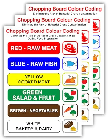 14,8CM X 21CM Pack of 3 Self Adhesive Colour Coded Chopping Board Sign, Kitchen Food Safety Signs to Prevent Cross Contamination a5 Size