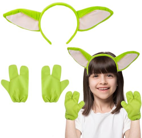 Hifot Alien Haarreif Kinder Damen Plüsch Alien Stirnband Grün mit Großen Ohren Grüne Handschuhe Alien Kostüm Accessoires Halloween Haarreif Mädchen Fasching Karneval Erwachsene Cosplay Accessoires