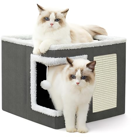 Cat House for Indoor,2 Layer Large Foldable Cat Cave Cat Bed With Scratching Board And Fluffy Ball,42 * 42 * 35cm Grey