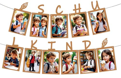Schulkind Fotogirlande & Kraftpapier Fotobanner - Einschulung Deko Schulanfang Deko Hängende Wanddekoration für Jungen Mädchen Schuleinführung Schulstart Dekoration