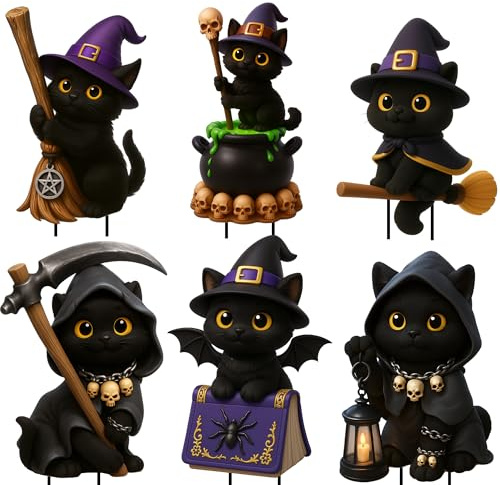 Giggleye Halloween Gartendeko Schwarze Katzen 6er Set – Gruselige Deko Figuren mit Hexenhut, Besen & Zauberbuch – Wetterfest & stabil mit Ständern – Für Garten, Terrasse, Rasen & Outdoor Halloween