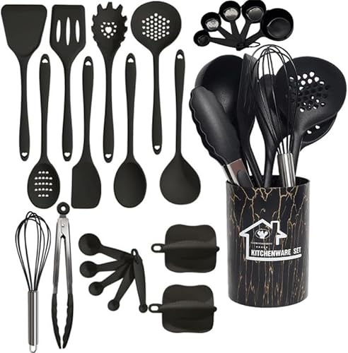 ProBytes 23 Pcs Silicone Kitchen Utensils Set – Non-Stick Heat-Resistant Cooking Tools with Holder – BPA-Free Spatula, Spoon, Whisk, Tongs, Measuring Cups & Spoons (Utensil Kitchen Set - Black)