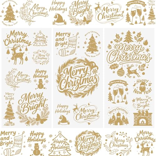 WANDIC 3 Blatt Rub on Sticker Weihnachten,Scrapbook Stickers Wasserfest Transferaufkleber Goldene Schrift DIY Aufkleber für Tagebuch Becher Möbel Handwerk,15 x 30 cm