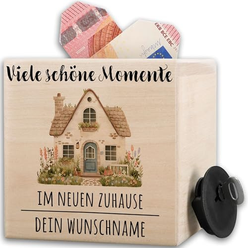 Spardose Holz - Viele schöne Momente im neuen Zuhause personalisiert I Umzug Geldgeschenk Einzug I Einweihungsgeschenk Haus Geld I Wohnung Geldgeschenk - 10x10cm - Holz - sparkasse