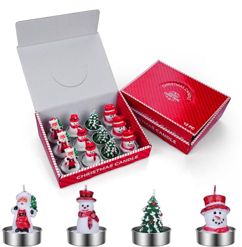 Weihnachtskerzen Set 12er von MMOBIEL – Dekorative Unparfümierte Paraffinkerzen in Weihnachtsmann-, Schneemann- & Weihnachtsbaumdesigns – Weihnachtsdeko für Zuhause & Festliche Geschenke
