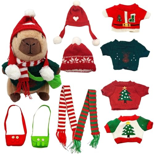 Generisch Capybara-Plüschtier mit 10-teiliger Kleidung und Accessoires, 25 cm großes Weihnachts-Capybara-Stofftier für Kinder, Junge und Mädchen, Anziehpuppe, Geburtstags