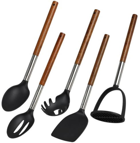 KESPER | Küchenhelfer Set 5-tlg., Material: Akazienholz, Edelstahl & Kunststoff | Kochutensilien-Set mit Löffel, Wender, Pastalöffel & Kartoffelstampfer, Farbe: Silber, Braun, Schwarz | 9422713