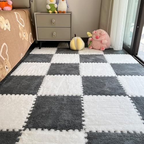 Hiseng 12 Piezas Alfombrilla de Espuma con Felpa, Alfombrillas Entrelazadas Alfombra Rompecabezas Felpa Suave con Antideslizantes Borde para Suelo de Habitación (Blanco/Gris,30x30cm)