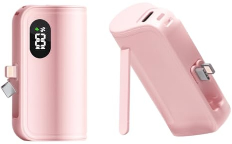 Confezione Per Mini Power Bank Portatile v5000mAh con USB-C e Lightning, Caricatore Ultra-Compatto con Display LED e Supporto Telefono, Compatibile con iPhone, Samsung, iPad Pro/Air, Rosa