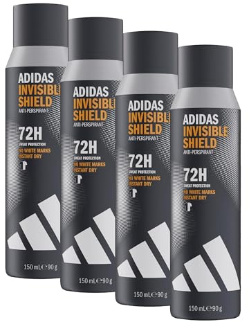 adidas Déodorant spray anti-transpirant Invisible Shield pour homme, Parfum boisé, Protection 72 heures, Doux pour la peau, Formule vegan, 150 ml (Lot de 4)