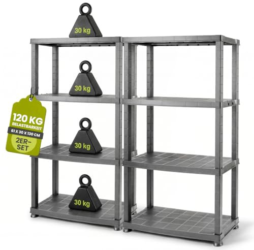 Kreher Étagère en plastique Neo à 4 niveaux - Étagère à emboîter pour le ménage, la cave et le garage - Étagère debout, étagère de stockage et étagère de rangement - Noir ou gris - Ensemble à