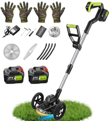 Tosaerba elettrico senza fili con 3 tipi di lame e ruote doppie, include 2 batterie per un efficiente taglio dell'erba e diserbo in giardino