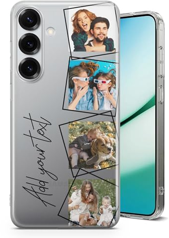 Personalisierte Geometrische Foto-Collage & Text Handyhülle für Samsung – 4 Bilder Custom Design – Slim Clear TPU Stoßfeste Hülle für S26, S25, S24, S23, FE, Ultra, A57, A56, A36, A17, A16, A15…