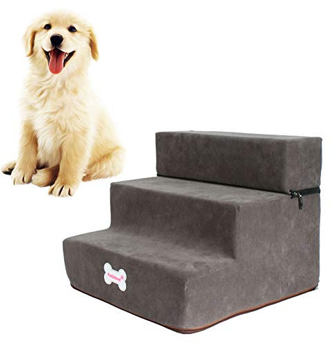 Catkoo 3 Stufen Hundetreppe, Hundetreppe Aus Holz Soft Cats Steps Pet Stairs Atmungsaktives Schlafsofa Leiter Haustierbett Leiter Vielseitiger Plüsch Dunkel grau