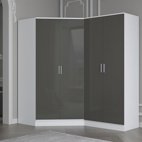 Reflect 2 Piece Wardrobe Bundle | 2 Door Corner + 2 Door Plain | Grey Gloss & Matt White Finish | H: 180cm x W: 179cm x D: 103cm | Modern Bedroom Furniture Storage Solution