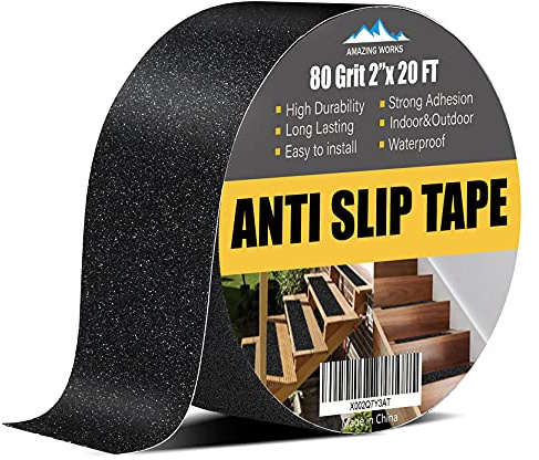 Amazing Works Grip Tape - Heavy Duty Non Skid Tape High Traction 80 Grit Non Slip for Stairs Outdoor/Indoor, Waterproof Stairs Non Skid Treads, Durable Triple Layer Adhesive 2 Inch x 20 Ft - Black