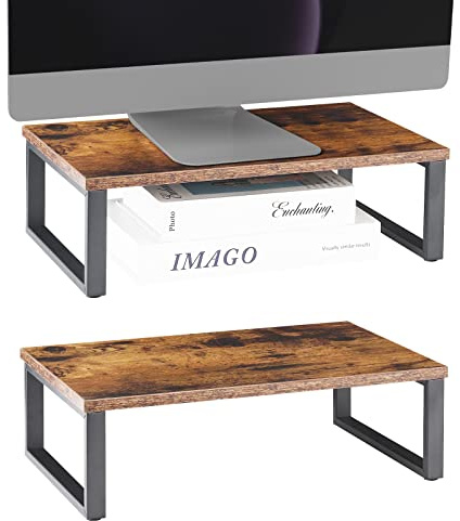 Monitorständer Erhöhung, 2er Set Holz Tischplatte Computer Ständer, Industrie Desktop Regal Aufbewahrung Organizer für Bildschirm, Drucker, Laptop, MacBook, Notebook, PC (Dunkelbraun)
