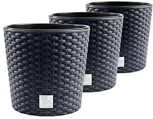 PAFEN 3X Blumentopf RATTO Rattan-Optik Kunststoff Topf Blumenkübel inkl. Einsatz Übertopf Anthrazit ⌀40cm