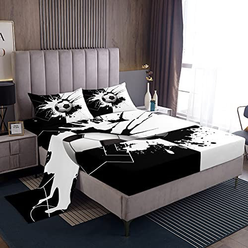 Juego de sábanas de fútbol para niños, niñas, Adolescentes, Juego de Ropa de Cama de fútbol Americano, Juego de Ropa de Cama de fútbol Americano, Juego de Cama en Blanco y Negro, tamaño King, 4 unida