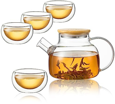 CnGlass 900ml/30,4oz Teekanne Glas Herdplattensicher mit 100ml/3,4oz (4er-Pack) Doppelwandige Teegläser, Glasteekanne Geschenkset für lose Blätter und blühenden Tee